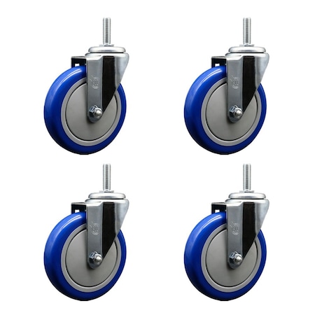 Service Caster 5 Inch Blue Polyurethane Wheel Swivel 34 Inch Threaded Stem Caster Set Service Caster SCC-TS20S514-PPUB-BLUE-34212-4